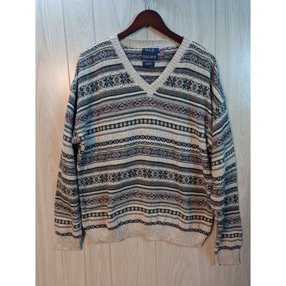 Vintage Old Glory Sweater Mens Large L Knit 90s V Neck Gray Pullover Made In USA